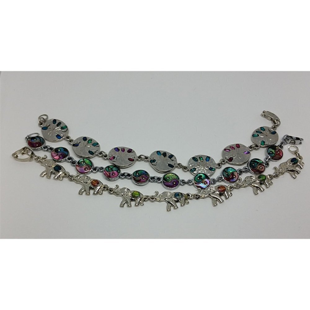 BUNDLE lot 3 silver abalone look chain bracelets sea coin elephant yin yang